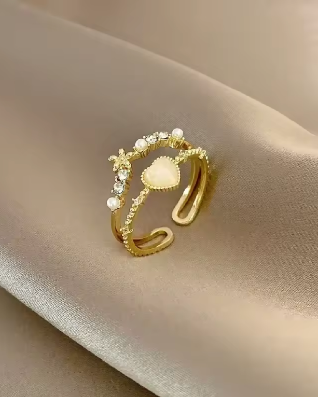 Anel Princesa Encantada Duplo com Pérolas, Estrelas e Coração