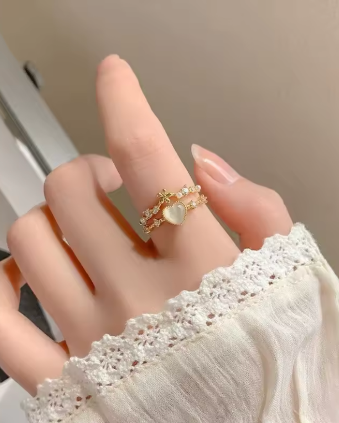 Anel Princesa Encantada Duplo com Pérolas, Estrelas e Coração