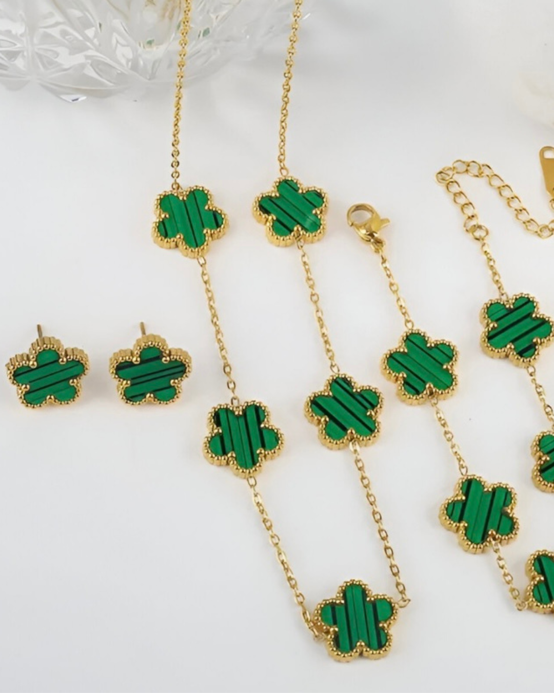 Conjunto Trevo Verde – Colar, Brincos e Pulseira