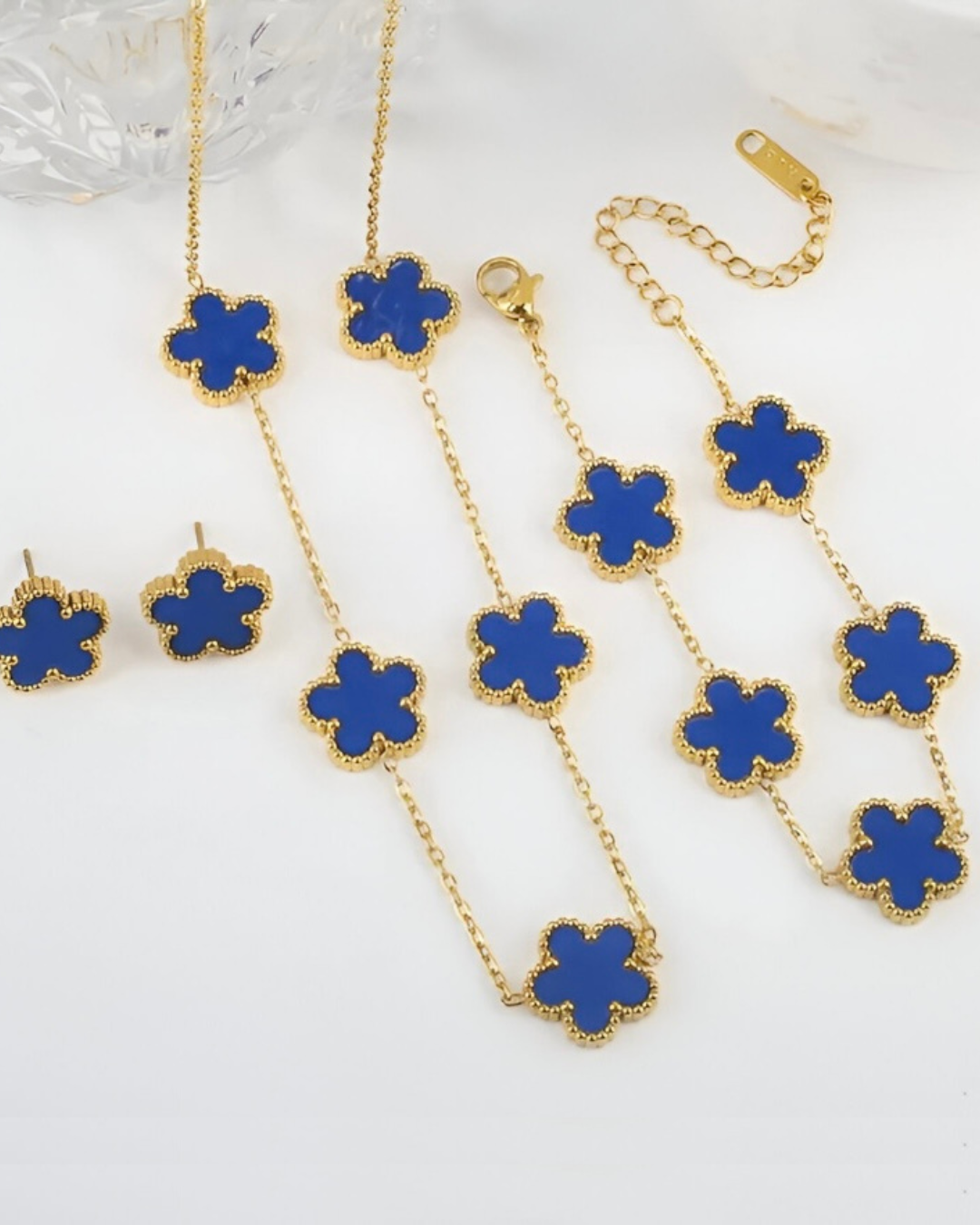 Conjunto Trevo Azul – Colar, Brincos e Pulseira