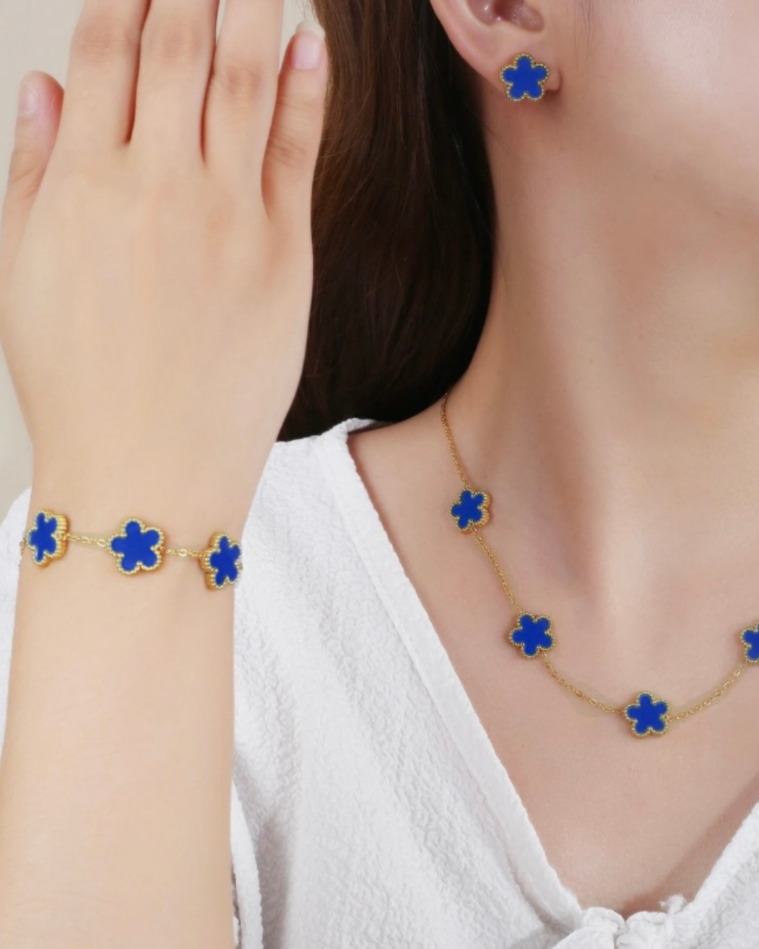 Conjunto Trevo Azul – Colar, Brincos e Pulseira