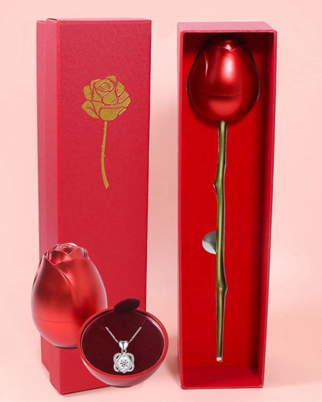 Colar Dois Corações Entrelaçados com Zircônias e Rosa Presente