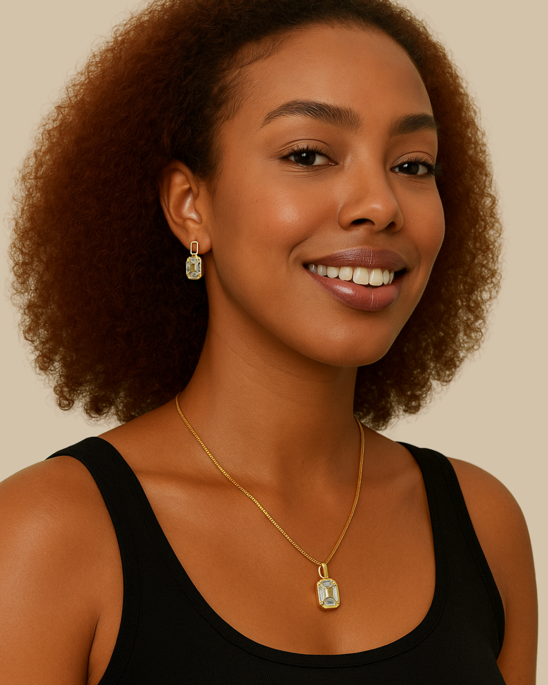 Conjunto Elegância Quadrada – Brinco e Colar com Pedra Transparente