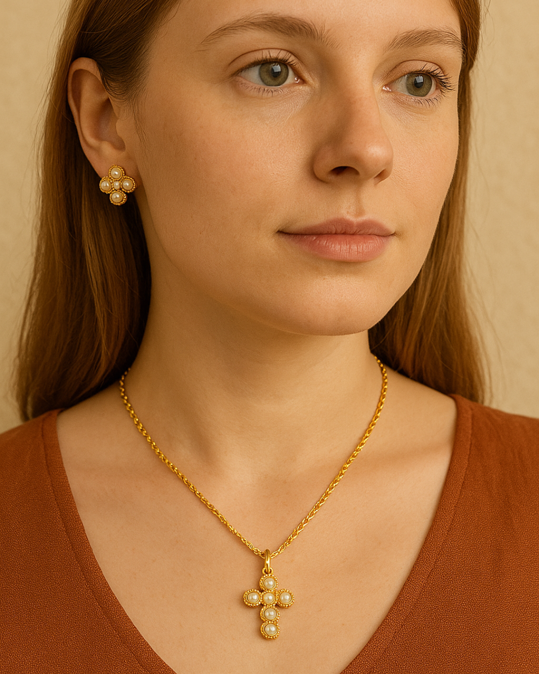Conjunto Dourado Cruz com Pérolas