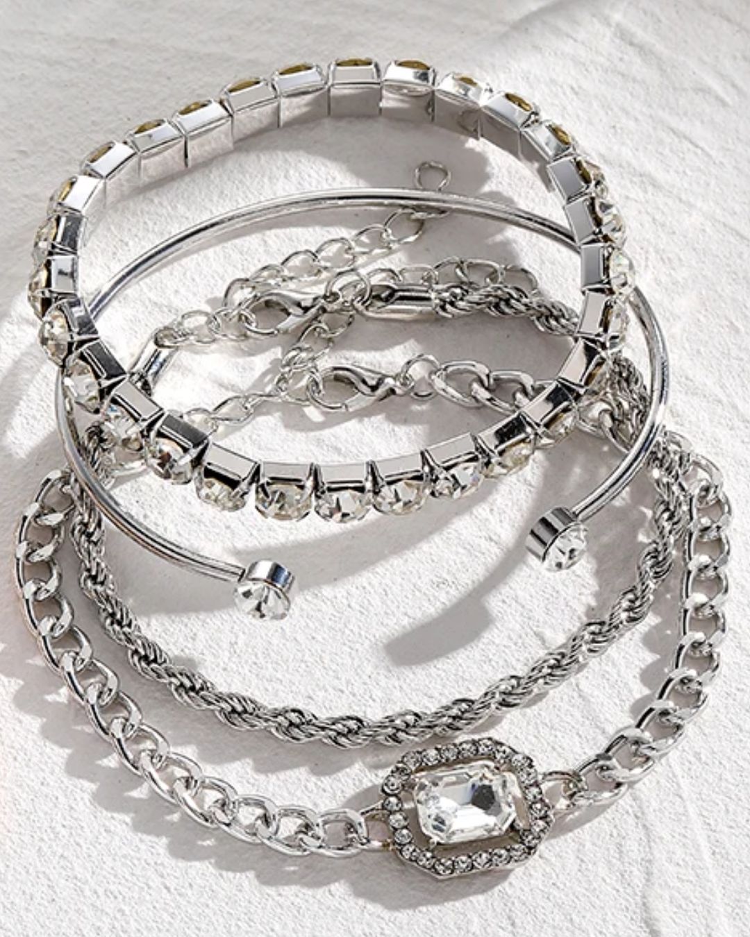 Conjunto de 4 Pulseiras Jasmim Prateadas com Zircônias