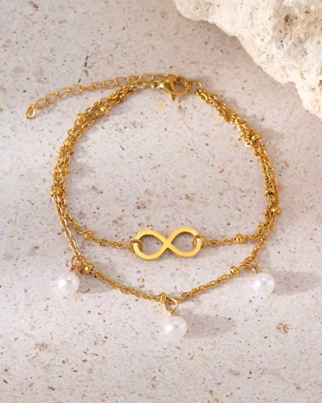 Pulseira Dourada Dupla Infinito com Pérolas